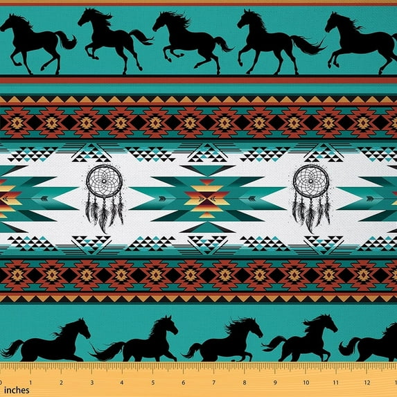 Manfei Bohemian Horse Fabric by the Yard (1 Yard), Hippie Aztec Decorative Fabric by the Yard, Boho Dreamcatcher DIY Fabric, Teal Brown