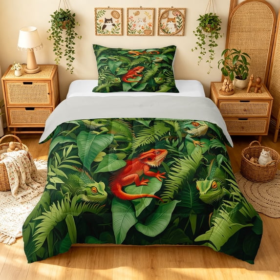 Manfei Bohemian Lizard Twin Comforter Sets, Tropical Botanical Bedding Set, Dark Green, Gray Reversible, 2pcs, 1 Comforter and 1 Pillowcase