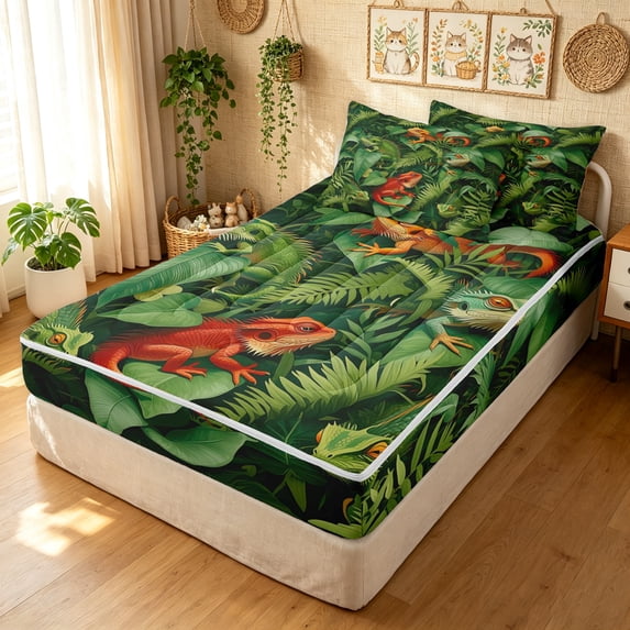 Manfei Bohemian Lizard Zipper Full Size Comforter Sets with Fitted Sheet and 2 Pillowcases, Tropical Botanical Zipper Bedding Set, Dark Green, Gray Reversible, 4pcs