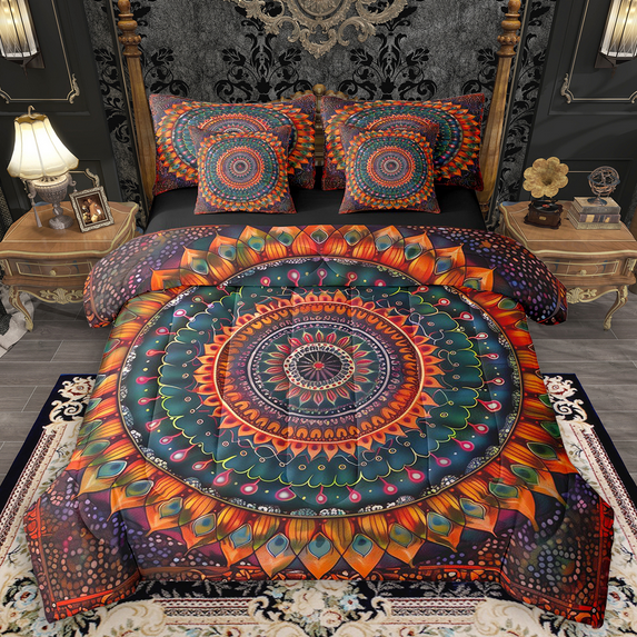 Manfei Bohemian Mandala Bedding Comforter Set 7-Piece for Girls Women, Hippie Floral Flower Full Bedding Set, Orange Purple Fitted Sheet Flat Sheet, Microfiber Bedroom Decor