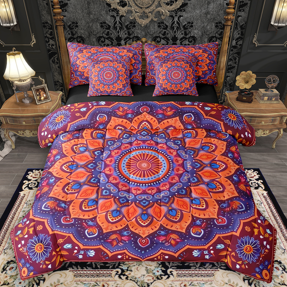 Manfei Bohemian Mandala Bedding Comforter Set 7-Piece for Girls Women, Hippie Floral Flower Full Bedding Set, Purple Orange Fitted Sheet Flat Sheet, Ultra Soft Home Decor