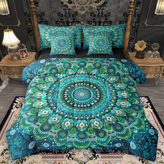 Manfei Bohemian Mandala Bedding Comforter Set 7 Pieces for Girls Women, Hippie Floral Flower Queen Bedding Sets, Teal Queen Sheet Sets, Lightweight Room Decor