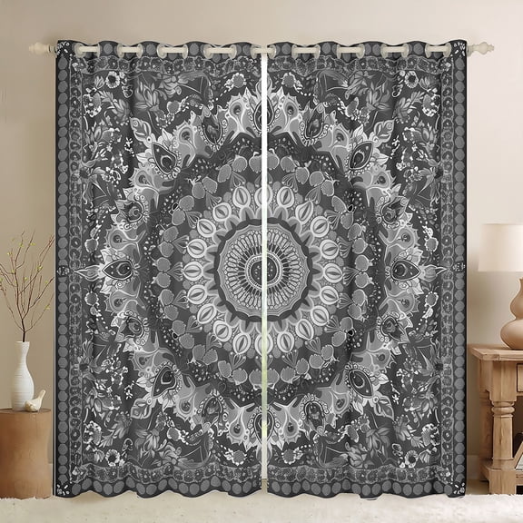 Manfei Bohemian Mandala Black Out Curtains for Girls Women, Hippie Floral Flower Curtains Pack of 2 (42x63 Each), Gray Bedroom Curtains, Luxury Room Decor