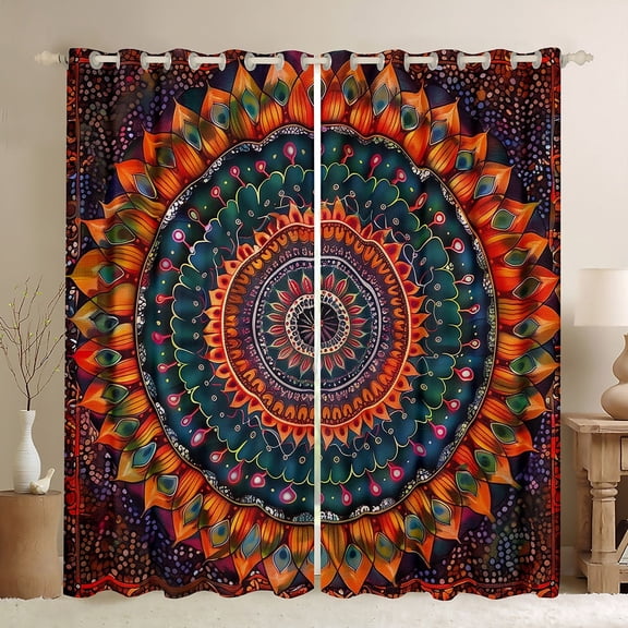 Manfei Bohemian Mandala Blackout Curtains Set of 2 (52x84 Each) for Girls Women, Hippie Floral Flower Window Curtains, Orange Purple Curtains and Drapes, Luxury Bedroom Decor