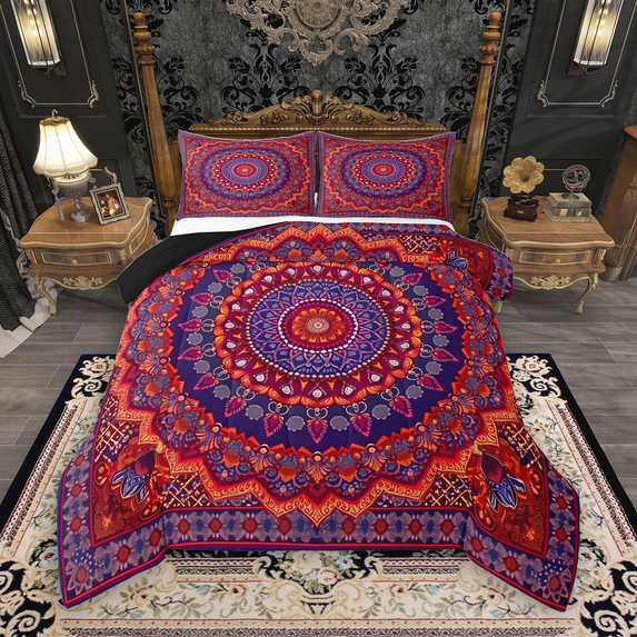 Manfei Bohemian Mandala Queen Comforter Set 3 Pieces for Girls Women, Hippie Floral Flower Bedding Sets, Red Purple Bedding Comforter Set, Luxury Bedroom Decor
