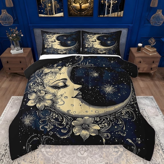 Manfei Bohemian Moon Bedding Comforter Set 2pcs for Teens Adults,Starry Sky Twin Comforter Sets Microfiber,Chic Floral Flowers Breathable Bedding Set,Super Cozy Room Decor,Reversible