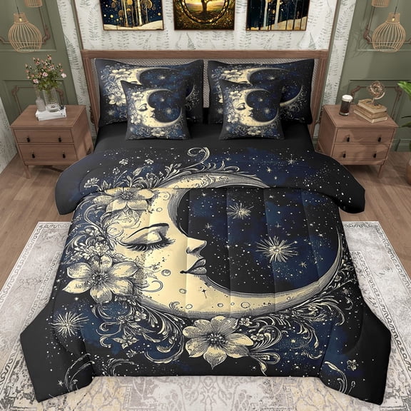 Manfei Bohemian Moon Bedding Comforter Set 7pcs for Teens Adults,Starry Sky Queen Bedding Sets Super Cozy,Chic Floral Flowers Queen Sheet Sets,Super Cozy Room Decor,Reversible