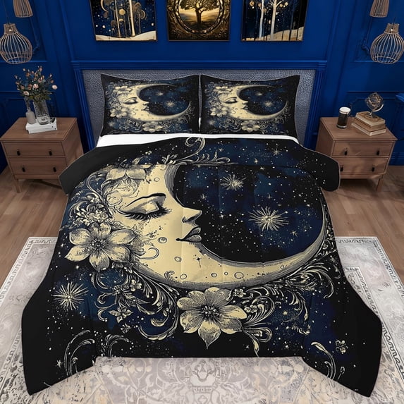 Manfei Bohemian Moon Full Size Comforter Sets 3-Piece for Teens Adults,Starry Sky Bedding Comforter Set,Chic Floral Flowers Lightweight Bedding Sets,Super Cozy Room Decor,Reversible