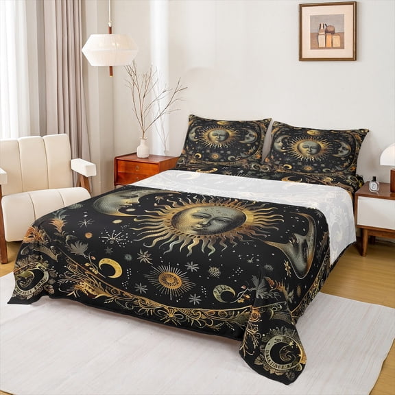 Manfei Bohemian Moon Sun Bed Sheets, Psychedelic Stars Planet King Sheets, Mandala Hippie Flower Sheet Set, Luxury Bedroom Decor, 4 Pieces