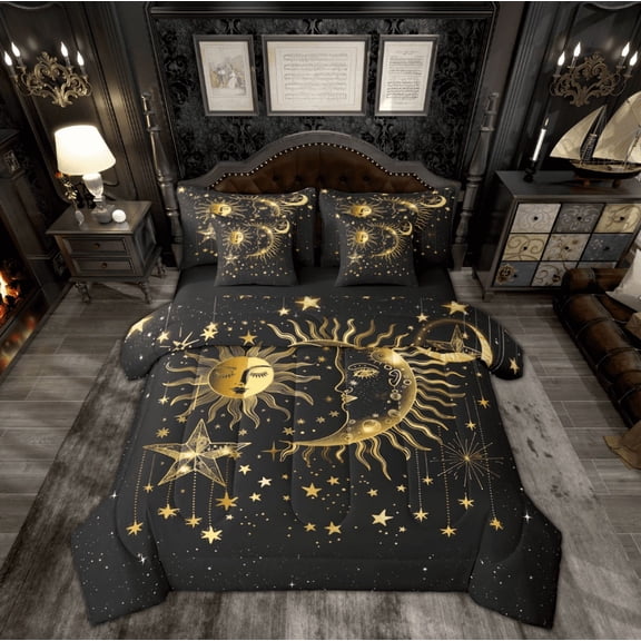 Manfei Bohemian Moon Sun Bedding Comforter Set 7-Piece, Black Gold Stars Print King Bedding Sets, Hippie Tribal Galaxy Reversible Bed Sheets, Breathable Home Decor