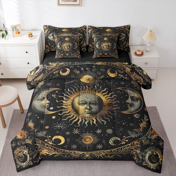 Manfei Bohemian Moon Sun Bedding Comforter Set 7-Piece, Psychedelic Stars Planet King Bedding Sets, Mandala Hippie Flower Reversible Bed Sheets, Luxury Bedroom Decor