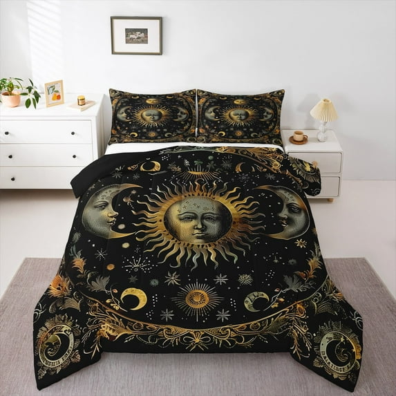 Manfei Bohemian Moon Sun Bedding Comforter Set, Psychedelic Stars Planet Twin Comforter Sets, Mandala Hippie Flower Reversible Bedding Set, Luxury Bedroom Decor, 2 Pieces