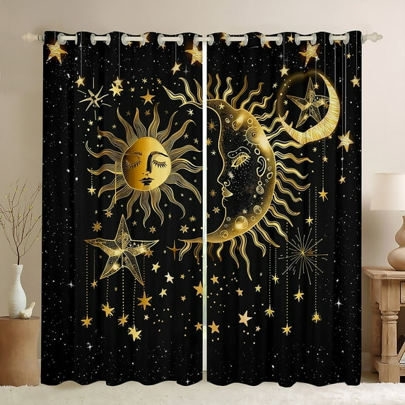 Manfei Bohemian Moon Sun Black Out Curtains, Black Gold Stars Print Curtains Pack of 2 (42x63 Each), Hippie Tribal Galaxy Bedroom Curtains, Curtains Blackout Home Decor