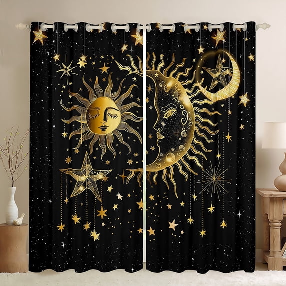 Manfei Bohemian Moon Sun Blackout Curtains Set of 2 (52x84 Each), Black Gold Stars Print Window Curtains, Hippie Tribal Galaxy Curtains and Drapes, Curtains Blackout Home Decor