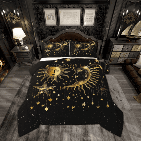 Manfei Bohemian Moon Sun Full Size Comforter Sets, Black Gold Stars Print Bedding Comforter Set, Hippie Tribal Galaxy Reversible Bedding Sets, Breathable Home Decor, 3pcs