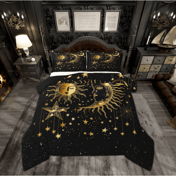 Manfei Bohemian Moon Sun Queen Comforter Set, Black Gold Stars Print Bedding Comforter Set, Hippie Tribal Galaxy Reversible Bedding Set, Breathable Home Decor, 3pcs