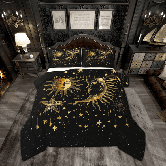 Manfei Bohemian Moon Sun Queen Comforter Set, Black Gold Stars Print Bedding Comforter Set, Hippie Tribal Galaxy Reversible Bedding Set, Breathable Home Decor, 3pcs