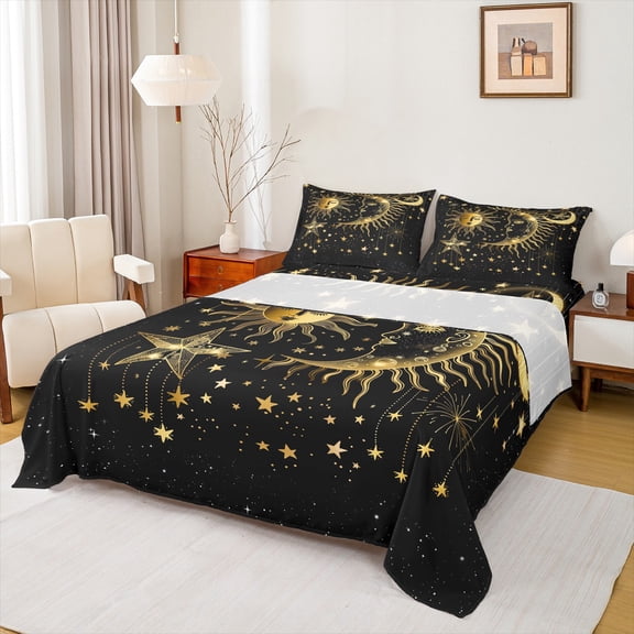 Manfei Bohemian Moon Sun Queen Sheet Sets, Black Gold Stars Print Flat Sheet, Hippie Tribal Galaxy Queen Fitted Sheet, Breathable Home Decor, 4pcs