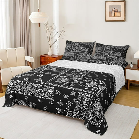 Manfei Bohemian Paisley 4-Piece Full Size Sheets,Black White Bed Sheets,Exotic Style Lightweight Sheet Sets,Ultra Soft Boho Bedroom Decoration
