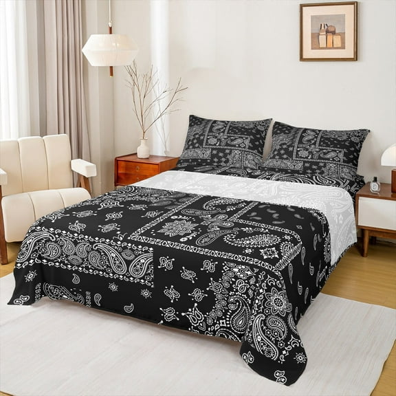 Manfei Bohemian Paisley 4 Pieces Queen Sheet Sets,Black White Ultra Soft Flat Sheet,Exotic Style Queen Fitted Sheet,Ultra Soft Boho Bedroom Decoration