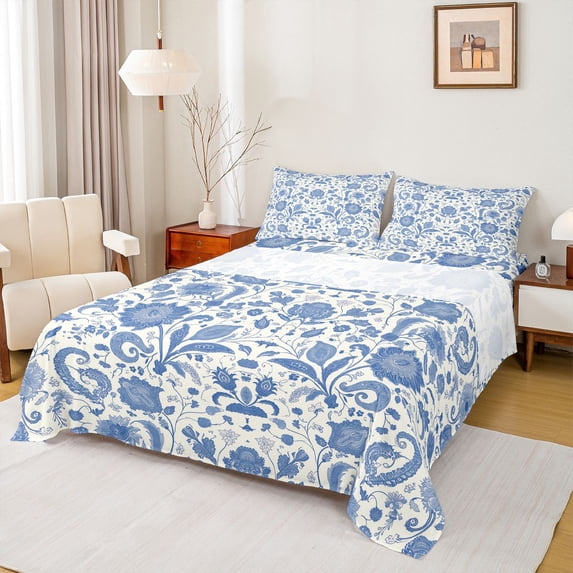 Manfei Bohemian Paisley 4pcs Bed Sheets for Adults Teens,Blue White King Sheets,Exotic Style Super Cozy Sheet Set,Breathable Home Decor