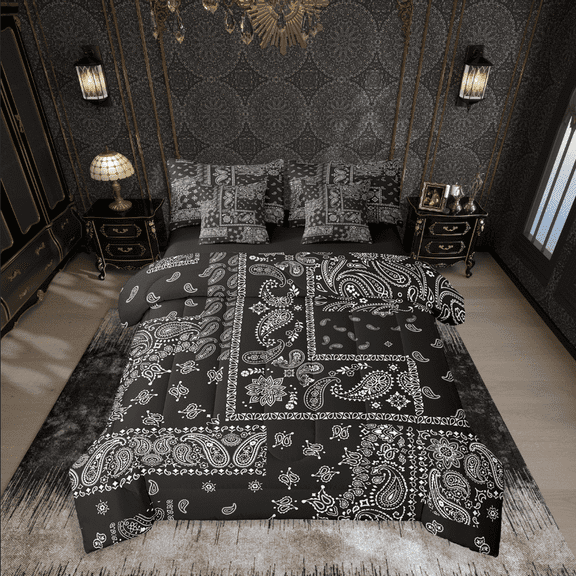 Manfei Bohemian Paisley 7-Piece Bedding Comforter Set,Black White King Bedding Sets,Exotic Style Ultra Soft Bed Sheets,Ultra Soft Boho Bedroom Decoration,Reversible