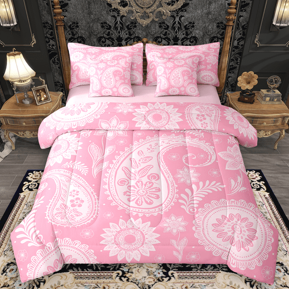 Manfei Bohemian Paisley Bedding Comforter Set 7pcs, Hippie Mandala King Bedding Sets, Pink Bed Sheets, Microfiber Bedroom Decor
