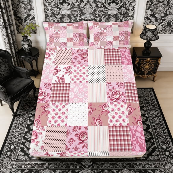 Manfei Bohemian Paisley Flowers Fitted Sheet Full 3 Pieces,Geometric Plaid Dots Bed Set,1 Fitted Sheet and 2 Pillowcases