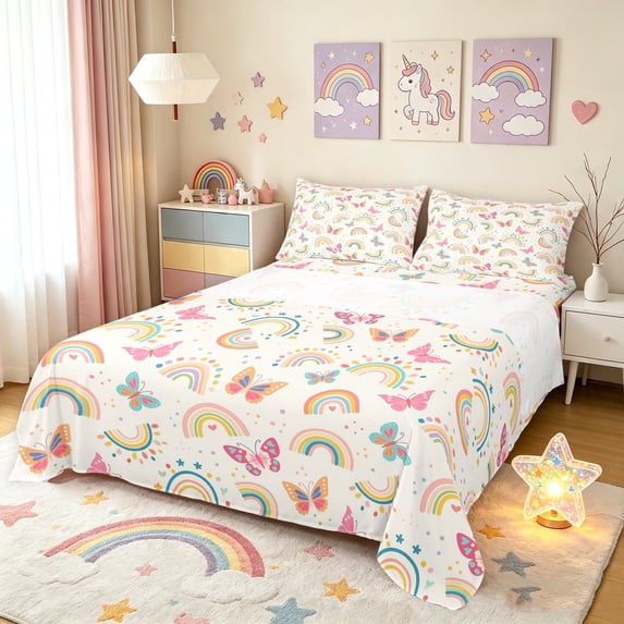 Manfei Bohemian Rainbow King Sheets, Butterfly Floral Bedding, Cream, 4-Piece, 1 Flat Sheet, 1 Fitted Sheet and 2 Pillowcases