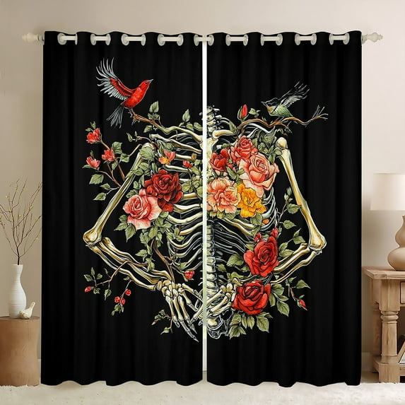 Manfei Bohemian Skeleton Teens Black Out Curtains, Vintage Countryside Floral Curtains Pack of 2 (42x63 Each), Hippie Skull Bedroom Curtains, Living Room Curtains Decor