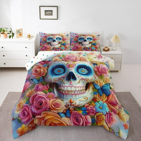 Manfei Bohemian Skull Skeleton King Size Comforter Sets,Happy Halloween Bedding Comforter Set,Colorful Flower Floral Bedding Set For Girl Kids,Breathable Home Decor Reversible,3pcs