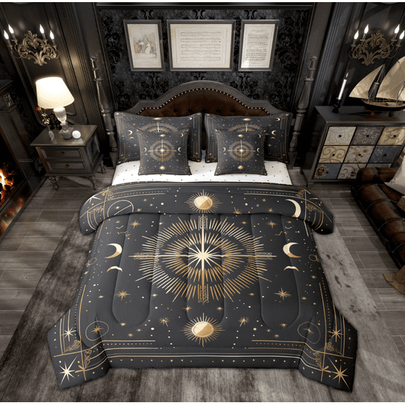 Manfei Bohemian Stars Print Bedding Comforter Set 7-Piece, Hippie Outer Space King Bedding Sets, Mystic Constellation Bed Sheets, Breathable Home Decor