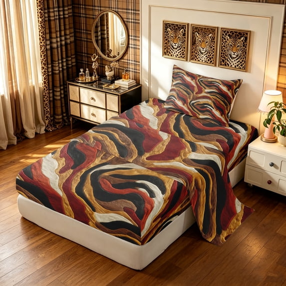 Manfei Bohemian Tiger Print Twin Sheets, Rustic Abstract Art Bedding, Brown, 3pcs, 1 Flat Sheet, 1 Fitted Sheet and 1 Pillowcase