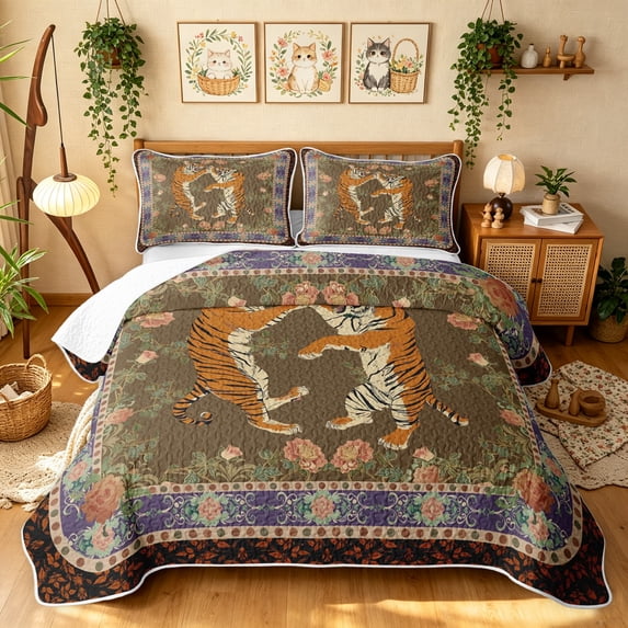 Manfei Bohemian Tiger Twin Quilt Set, Boho Flower Floral Twin Coverlet Set, Brown, Black Reversible, 2-Piece, 1 Bedspread and 1 Pillowcase