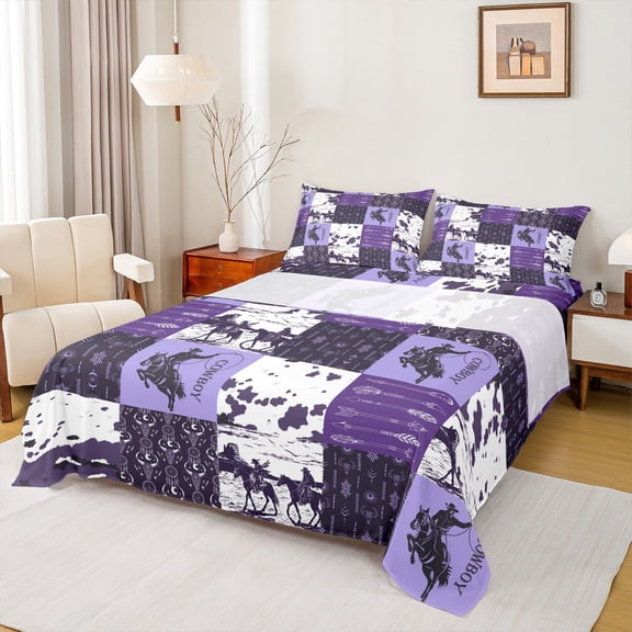 Manfei Bohemian Tribal Aztec Bed Sheets, Purple Patchwork King Sheets, Cowgirl Cowboy Sheet Set, Luxury Bedroom Decor, 4 Pieces