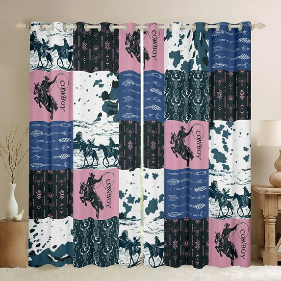 Manfei Bohemian Tribal Aztec Black Out Curtains, Blue Pink Patchwork Curtains Pack of 2 (42x63 Each), Cowgirl Cowboy Bedroom Curtains, Curtains and Drapes Decor