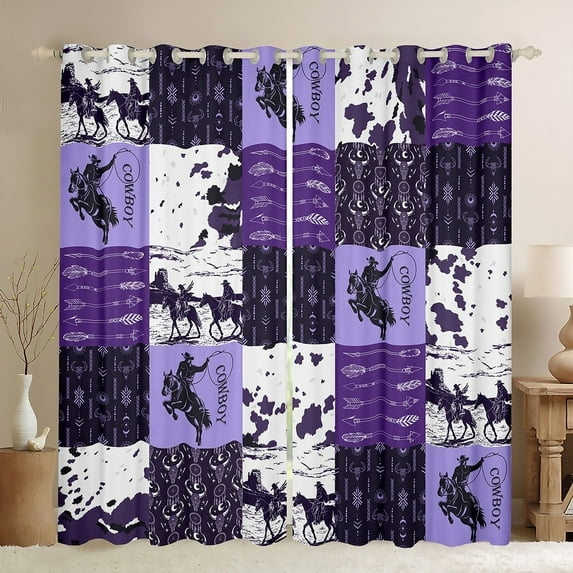 Manfei Bohemian Tribal Aztec Blackout Curtains Set of 2 (52x84 Each), Purple Patchwork Window Curtains, Cowgirl Cowboy Curtains and Drapes, Window Curtains Bedroom Decor