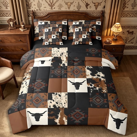 Manfei Bohemian Tribal Aztec King Bedding 7pcs,Western Cow Print King Bed in a Bag,Brown Black