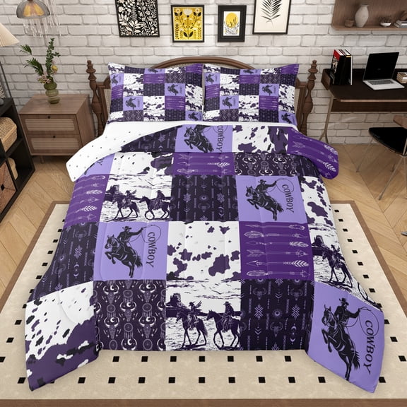 Manfei Bohemian Tribal Aztec Queen Comforter Set, Purple Patchwork Bedding Sets, Cowgirl Cowboy Reversible Bedding Comforter Set, Luxury Bedroom Decor, 3 Pieces