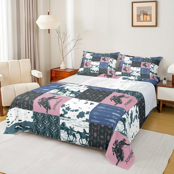 Manfei Bohemian Tribal Aztec Twin Sheet Sets, Blue Pink Patchwork Twin Fitted Sheet, Cowgirl Cowboy Flat Sheet, Lightweight Room Decor, 3 Pieces