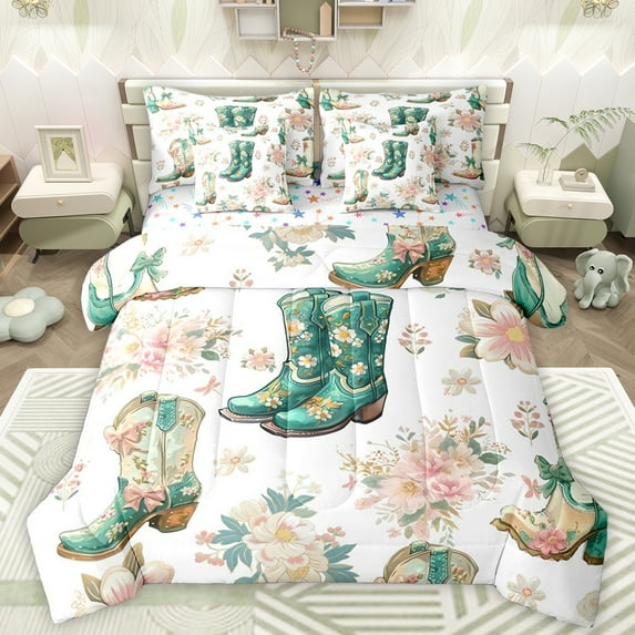 Manfei Bohemian Western Boot Twin Bedding Sets 7-Piece, Rustic Cowgirl Cowboy Bedding Comforter Set, Vintage Flower Floral Reversible Sheet Sets, Breathable Home Decor