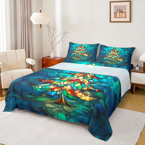 Homewish Bohemian Xmas Tree Twin Sheet Sets, Vintage Fashion Abstract Twin Fitted Sheet, Teens Kids Boys Girls Flat Sheet, Microfiber Bedroom Decor, 3-Piece