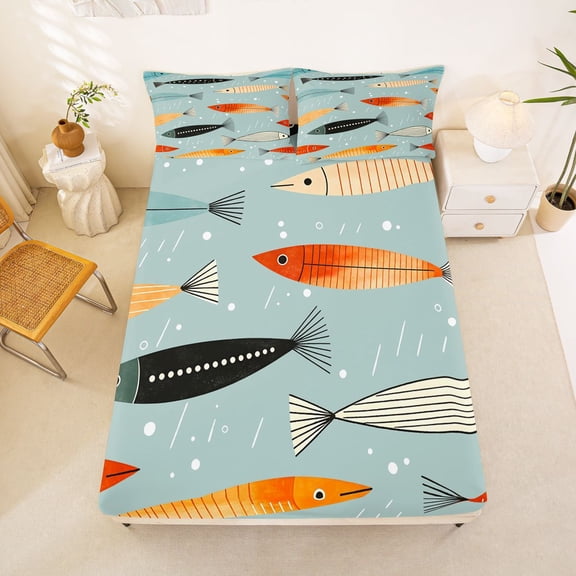 Manfei Boho Abstract Fish Fitted Sheet Full, Ocean Art Bed Set, Gray Blue, 3-Piece, 1 Fitted Sheet and 2 Pillowcases