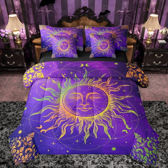 Manfei Boho Abstract Sun 7pcs Bedding Comforter Set,Vintage Damask Floral Queen Bedding Sets,Purple Gold Queen Sheet Sets For Adults,Luxury Bedroom Decor Reversible
