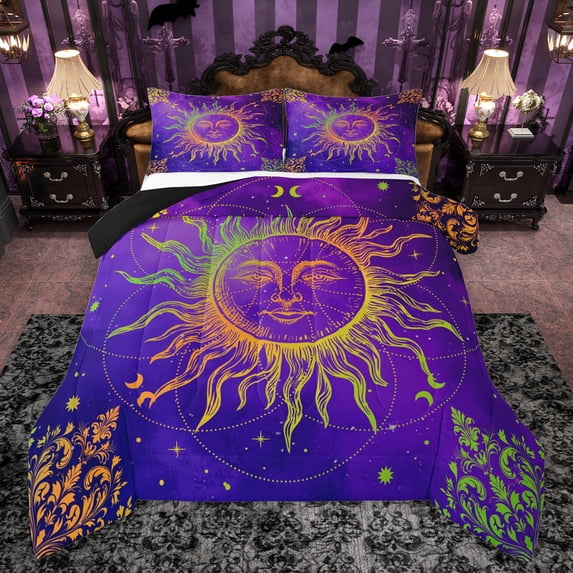Manfei Boho Abstract Sun Bedding Comforter Set,Vintage Damask Floral Twin Comforter Sets,Purple Gold Bedding Set For Adults,Luxury Bedroom Decor Reversible,2-Piece