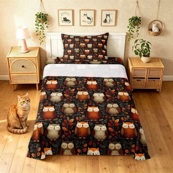 Manfei Boho Autumn Owl Twin Sheets, Fall Leaf Branch Bedding, Orange Black, 3pcs, 1 Flat Sheet, 1 Fitted Sheet and 1 Pillowcase