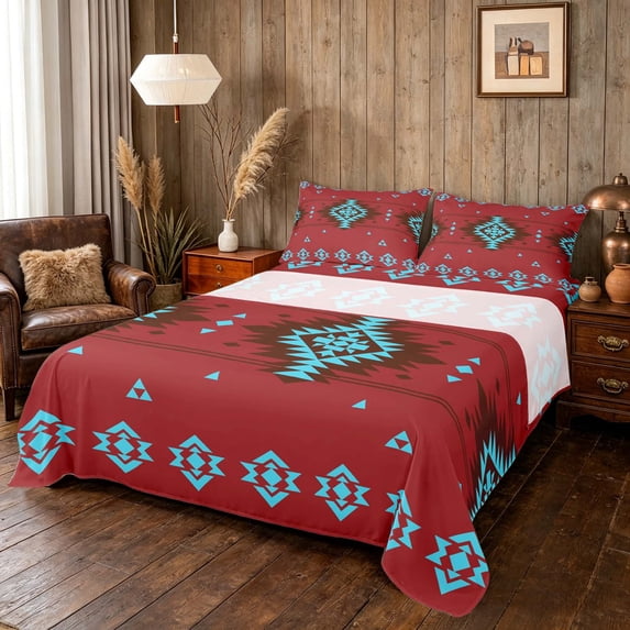 Manfei Boho Aztec Bed Sheets, Red Turquoise Tribal Geometric Fuul Size Sheets, Reversible 4-Piece1 Flat Sheet + 1 Fitted Sheet + 2 Pillowcases