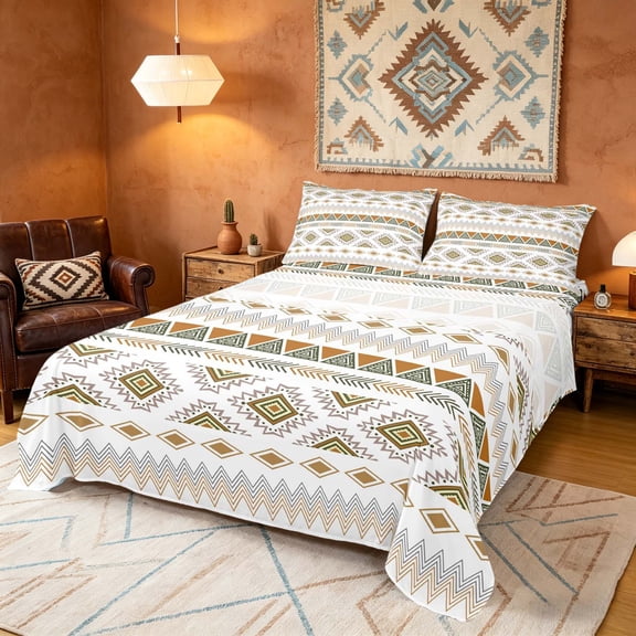 Manfei Boho Aztec Bed Sheets, Tribal Geometric Fuul Size Sheets, Beige Brown, Gray Reversible 4pcs1 Flat Sheet + 1 Fitted Sheet + 2 Pillowcases
