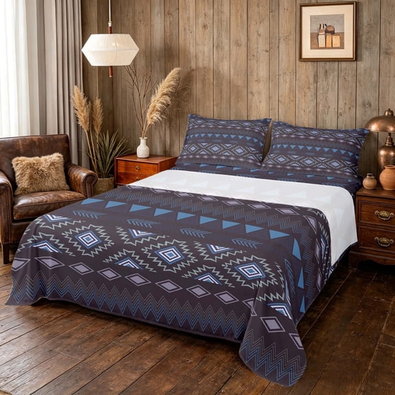 Manfei Boho Aztec Bed Sheets, Tribal Geometric Fuul Size Sheets, Multicolor Dark Purple, Black Reversible 4pcs1 Flat Sheet + 1 Fitted Sheet + 2 Pillowcases