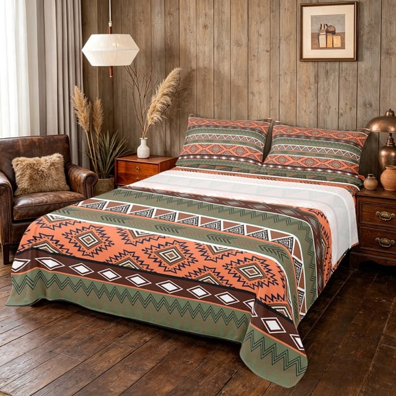 Manfei Boho Aztec Bed Sheets, Tribal Geometric Fuul Size Sheets, Multicolor Orange, Black Reversible 4 Pieces1 Flat Sheet + 1 Fitted Sheet + 2 Pillowcases